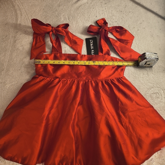 Merry Provocative Red Satin Babydoll Mini Dress With White Fur Trim - Picture 3 of 6